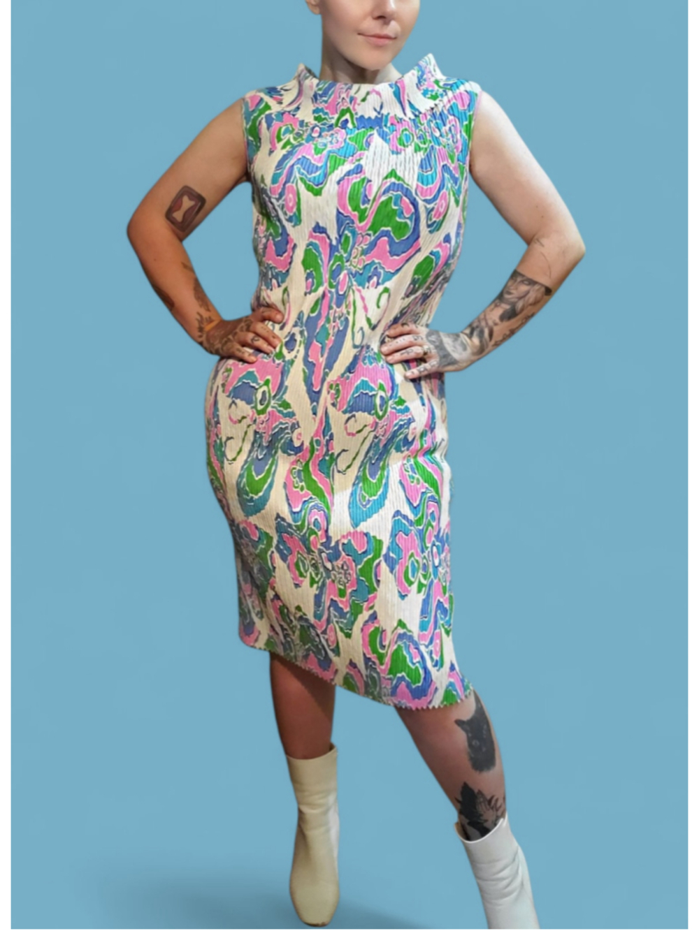 Vintage 60s 70s Psychedelic Butterfly Print Midi Accordian Dress